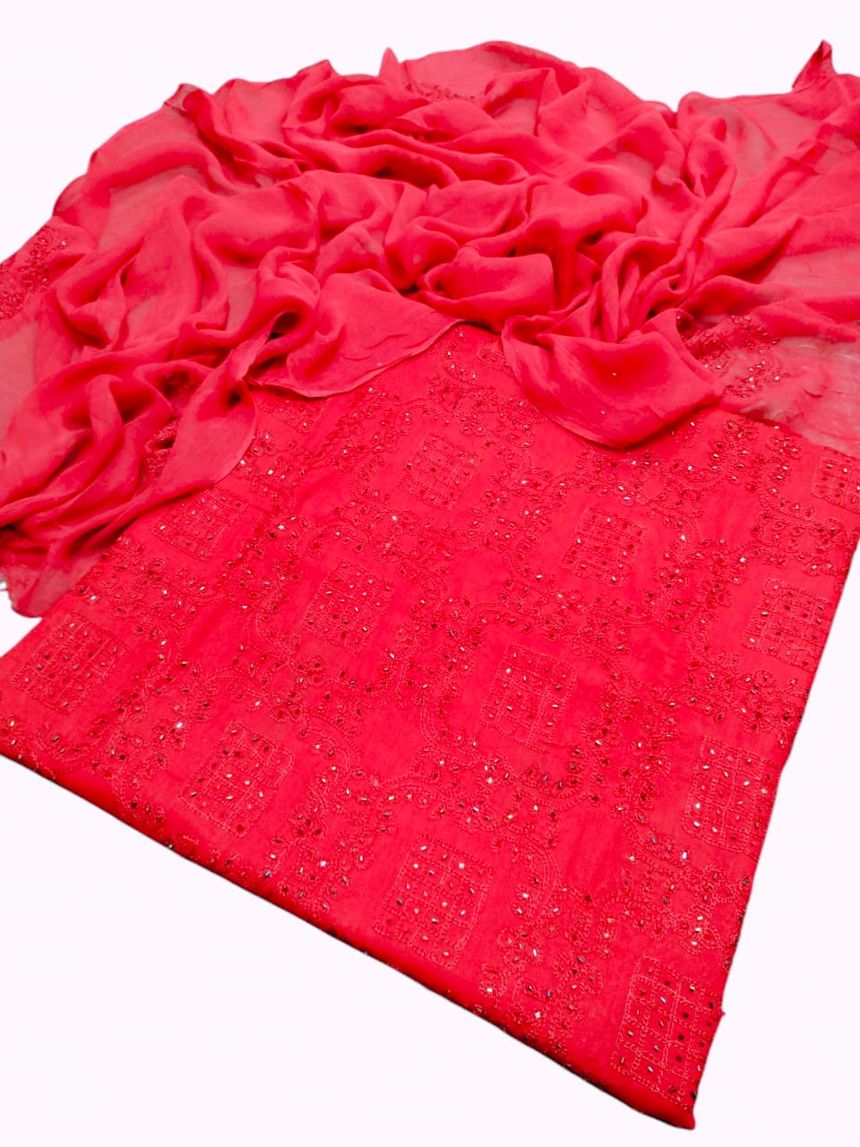 Crimson red colour Handmade cut dana work collection 3pcsuit (shirt dupata &   trouser)