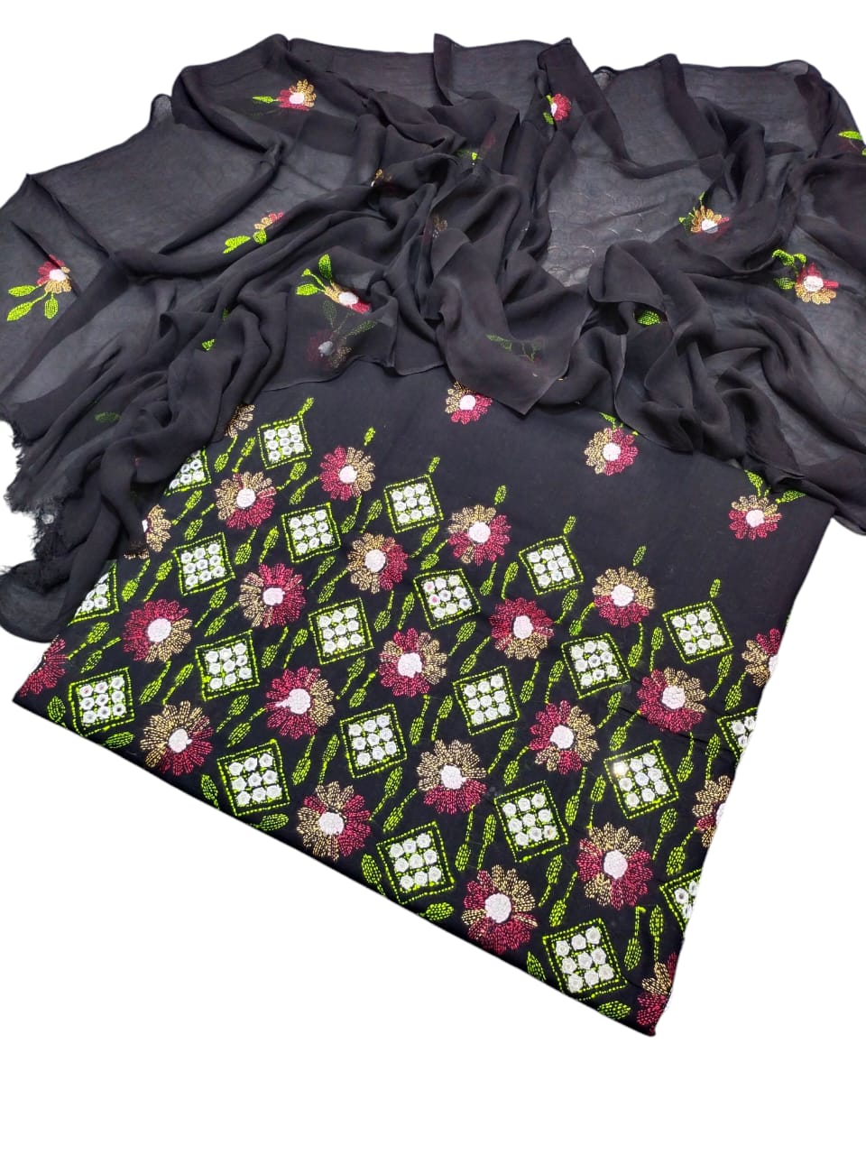 Black colour Lawn kacha boor mirror work collection shirt dupata & trouser (3pc)