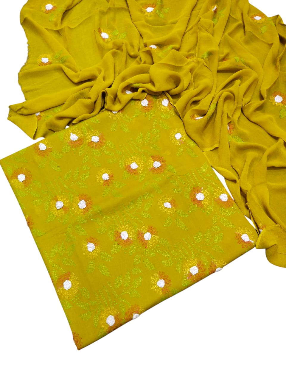 Mustard yellow colour Lawn kacha boor mirror work collection shirt dupata & trouser (3pc)