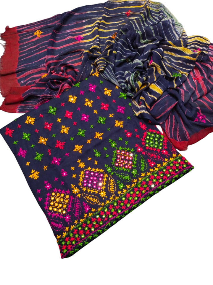 Black colour Handmade sindhi boti chawal tanka work collection with tye n dye dupata 3pc suit (shirt dupata &  trouser)