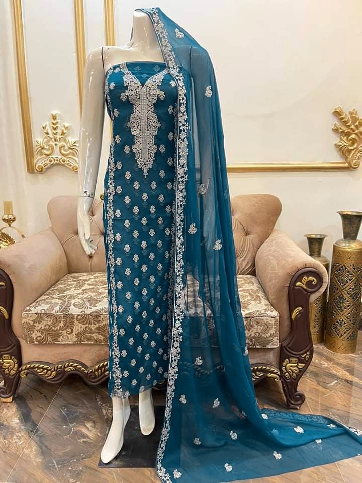 Navy blue colour Beautiful Silver Embroiderd work  suit collection 2pc shirt & Duppata