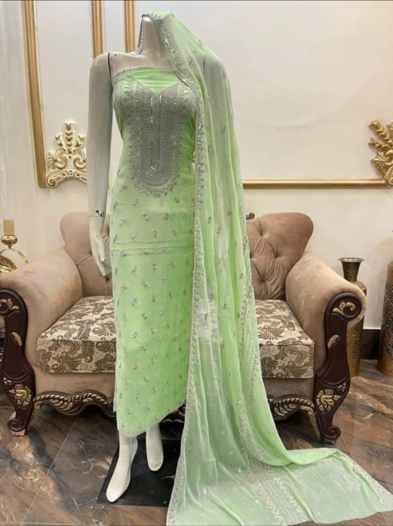 Mint green colour Beautiful Silver Embroiderd work  suit collection 2pc shirt & Duppata