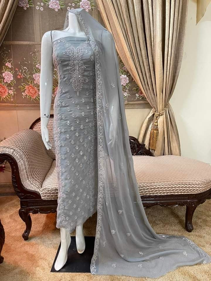 Grey colour Beautiful Silver Embroiderd work  suit collection 2pc shirt & Duppata