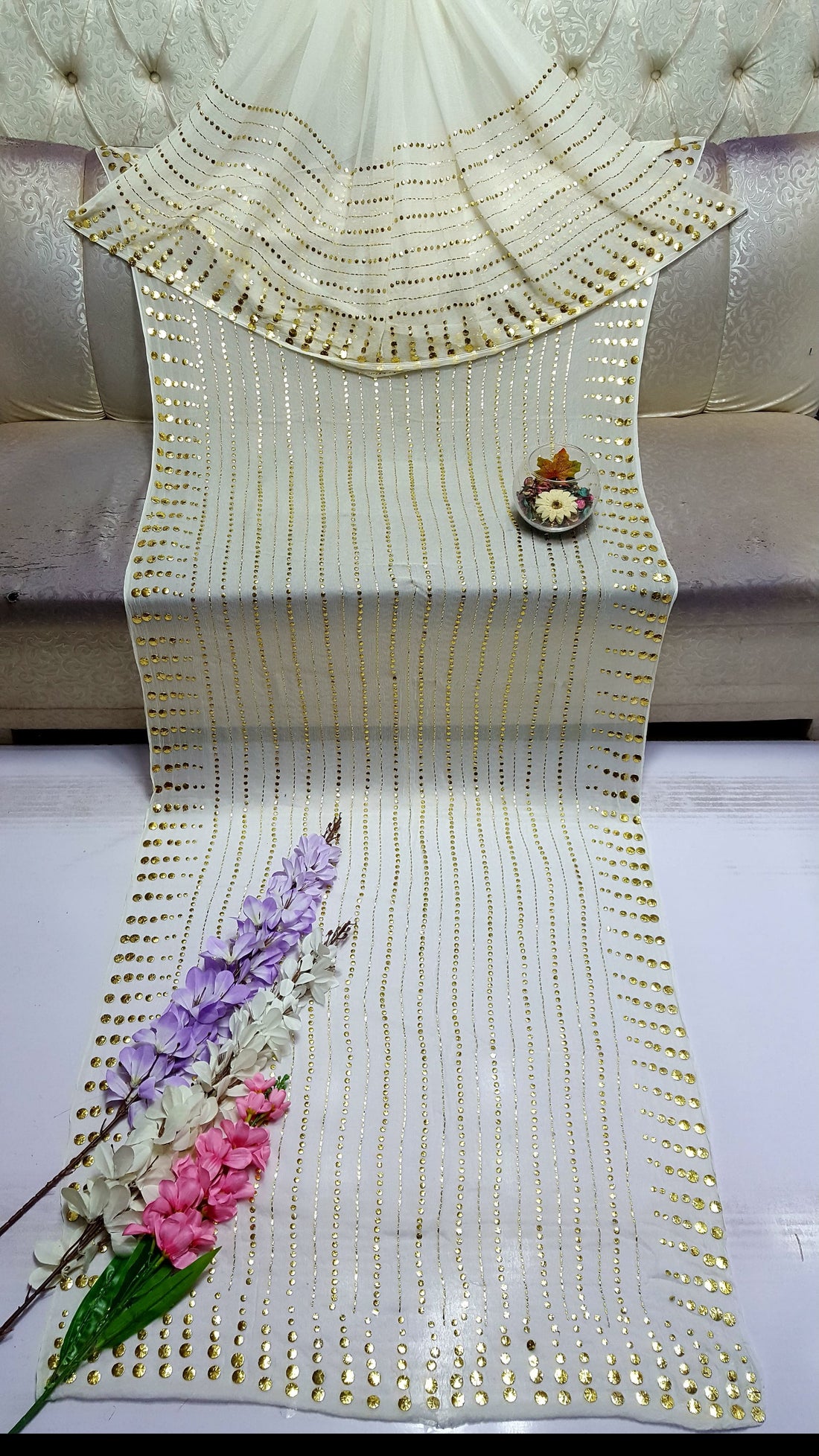 White colour Exclusive Heavy Mukesh Kamdani Work Saree 🥻 on Pure China Karincle Chiffon 6 Meter