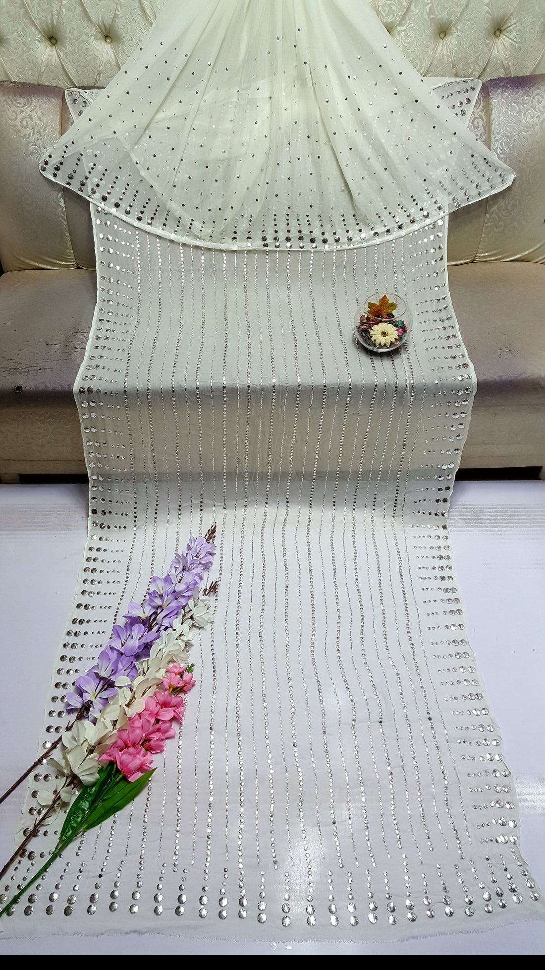 White colour Exclusive Heavy Mukesh Kamdani Work Saree 🥻 on Pure China Karincle Chiffon 6 Meter