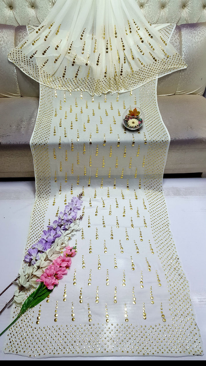 White colour Exclusive Heavy Mukesh Kamdani Work Saree 🥻 on Pure China Karincle Chiffon 6 Meter