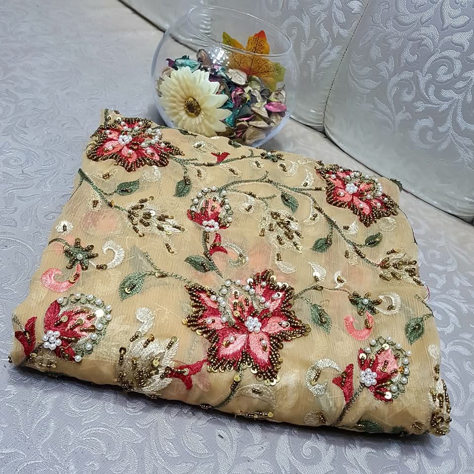 Beige colour Speader Luxury Cutdana Handmade Chiffon Collection 2piece Shirt & Duppata