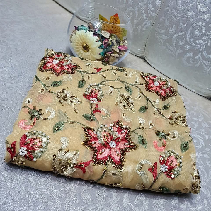 Beige colour Speader Luxury Cutdana Handmade Chiffon Collection 2piece Shirt & Duppata