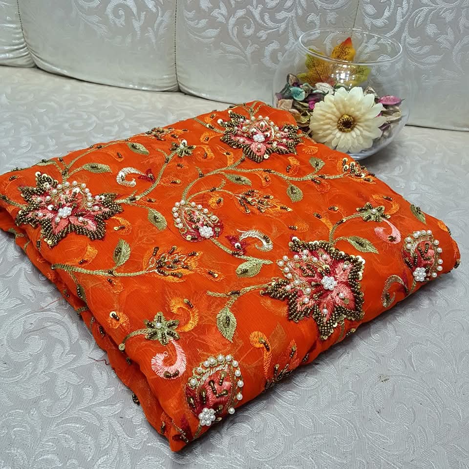 Orange colour Speader Luxury Cutdana Handmade Chiffon Collection 2piece Shirt & Duppata
