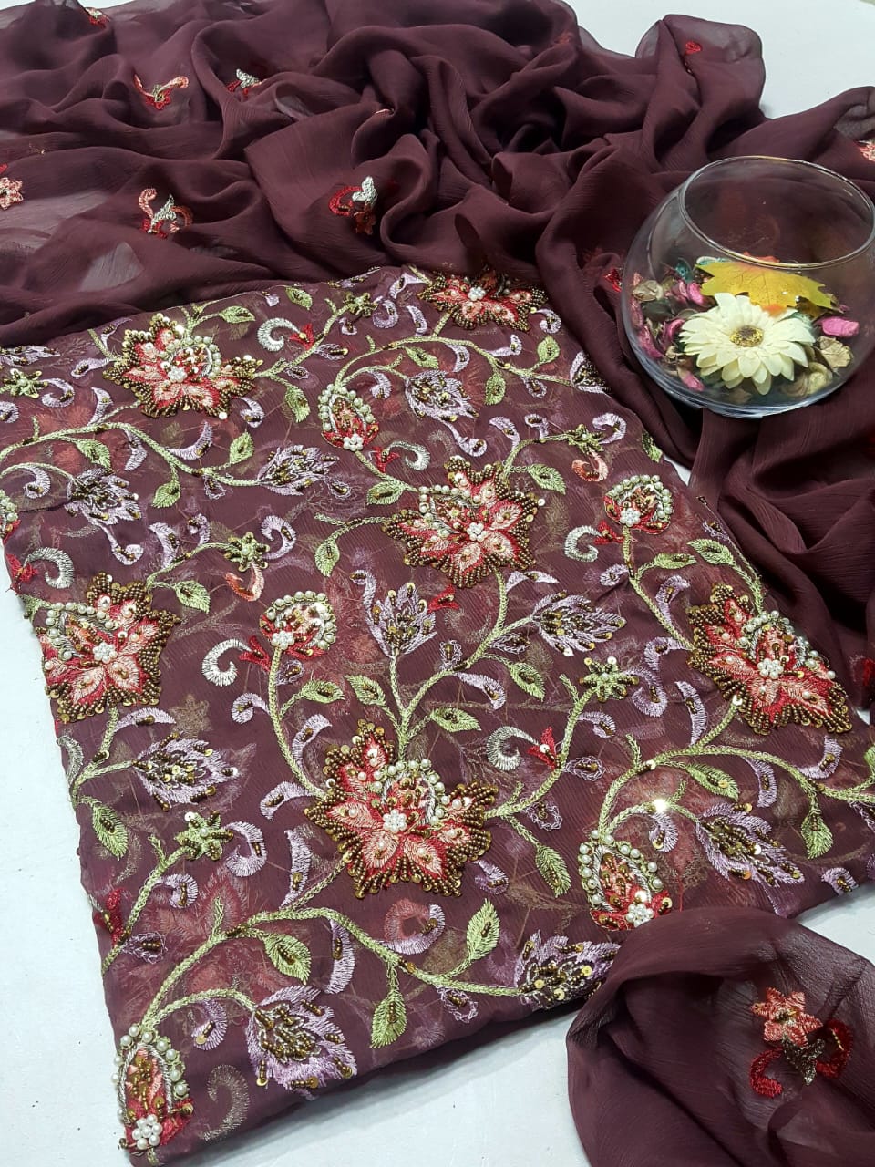 Dark brown colour Speader Luxury Cutdana Handmade Chiffon Collection 2piece Shirt & Duppata