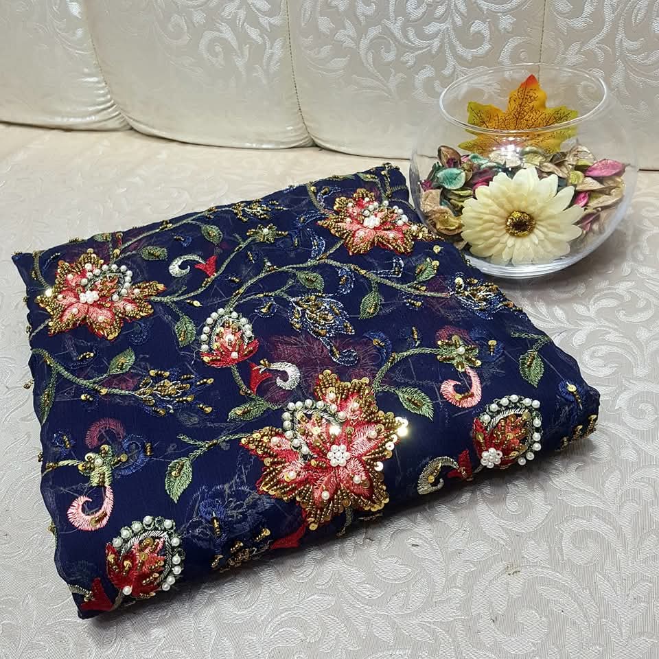 Navy blue colour Speader Luxury Cutdana Handmade Chiffon Collection 2piece Shirt & Duppata
