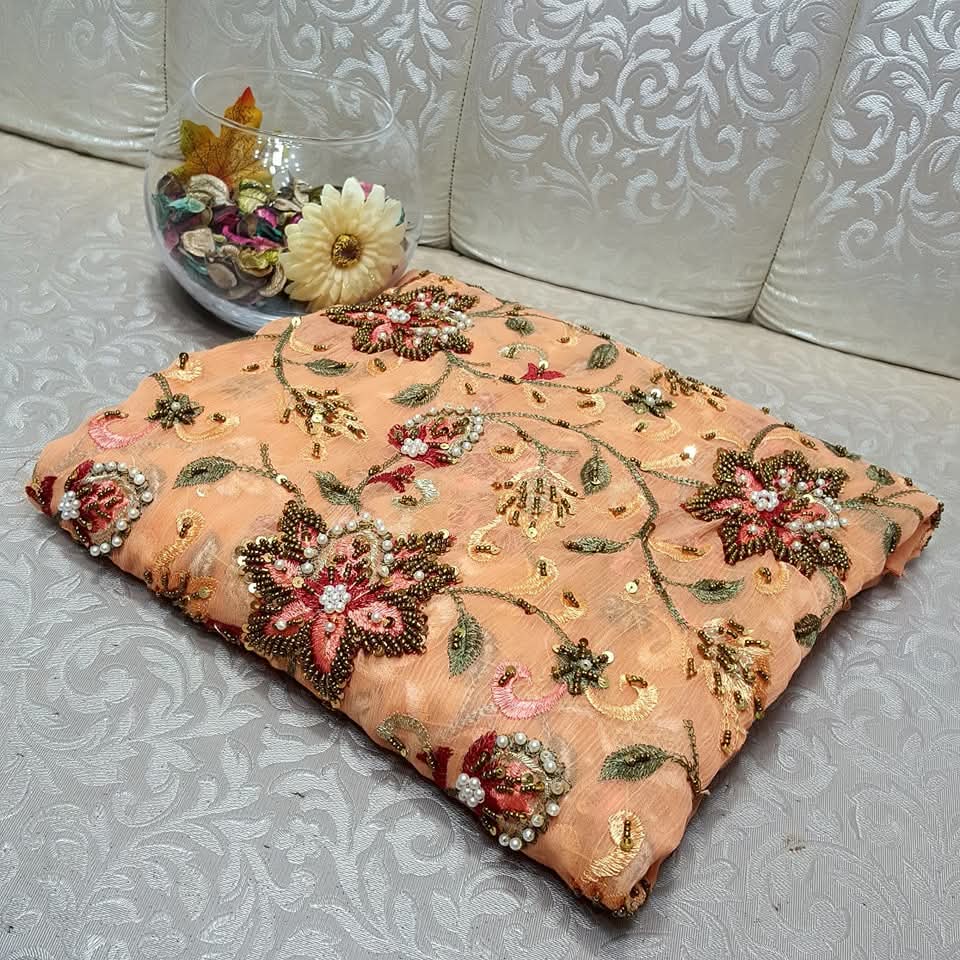 Peach colour Speader Luxury Cutdana Handmade Chiffon Collection 2piece Shirt & Duppata